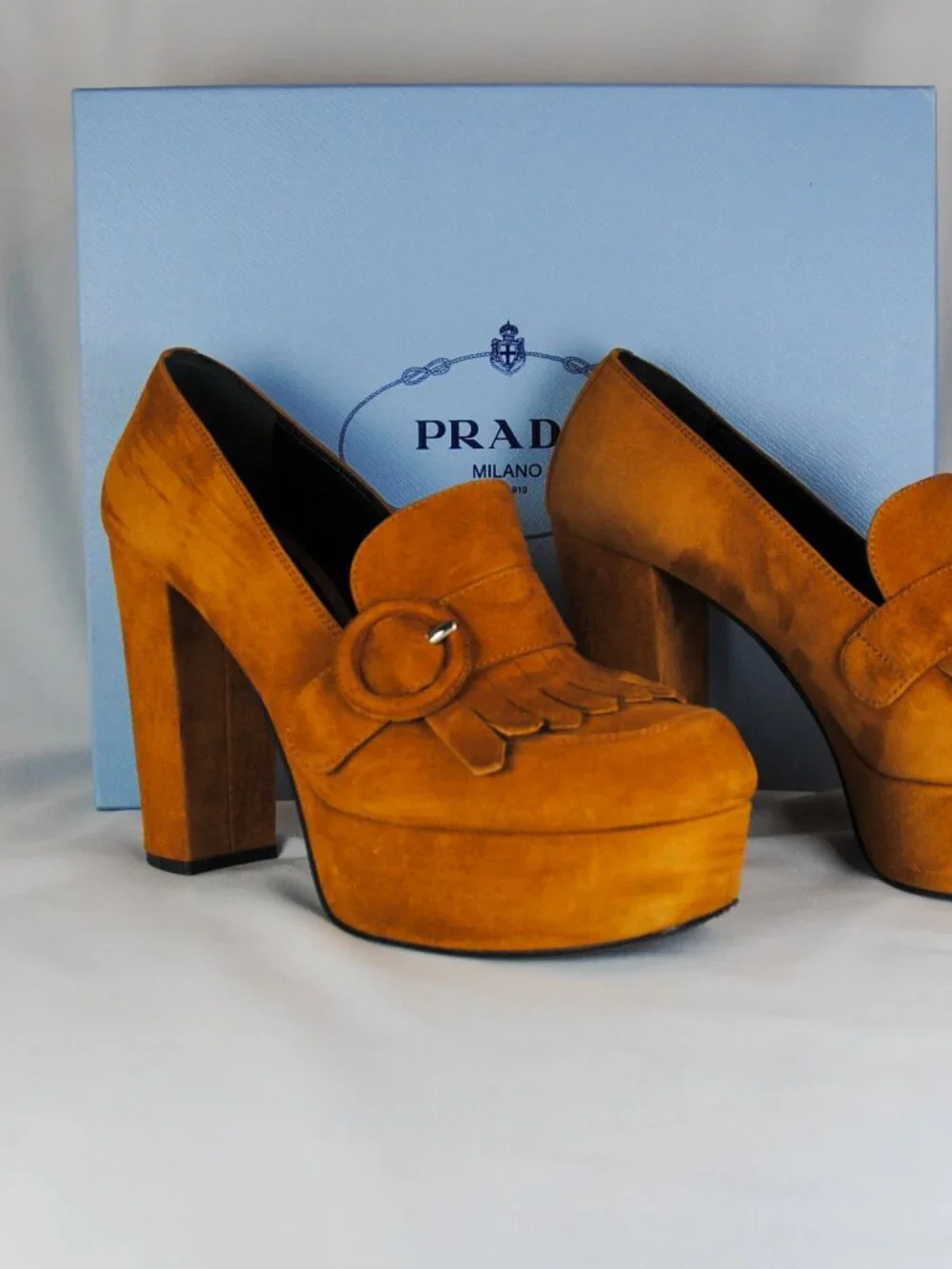 Prada Caramel Suede Fringe Platform Loafers Size 37.5